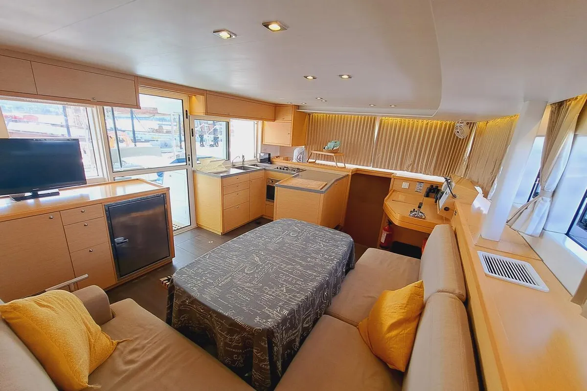 Salon of Lluna, a Lagoon 450 F catamaran at Sant Antoni de Portmany, Spain