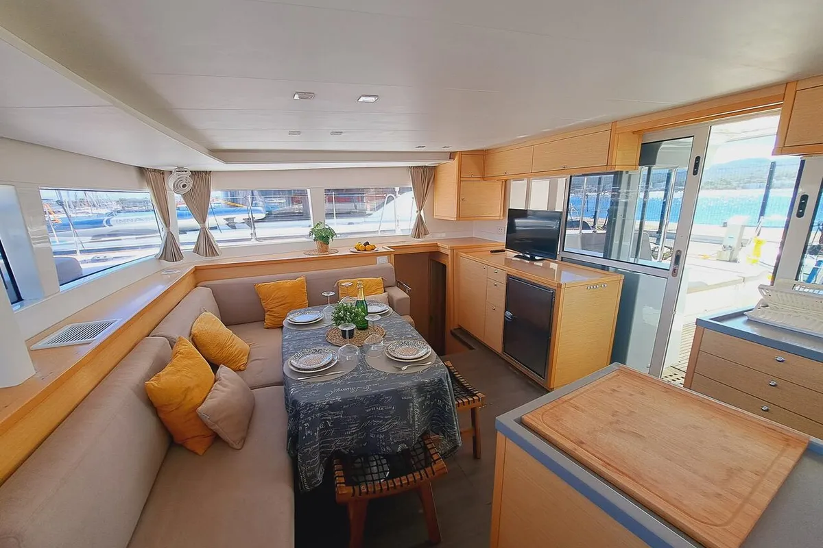 Salon of Lluna, a Lagoon 450 F catamaran at Sant Antoni de Portmany, Spain