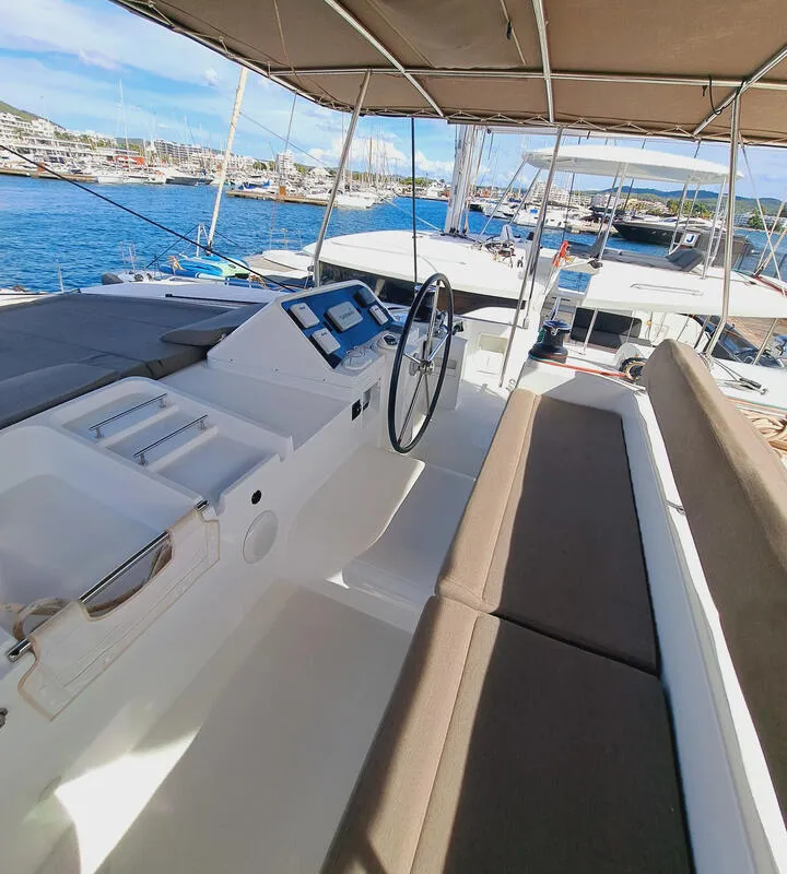 Cockpit of Lluna, a Lagoon 450 F catamaran at Sant Antoni de Portmany, Spain