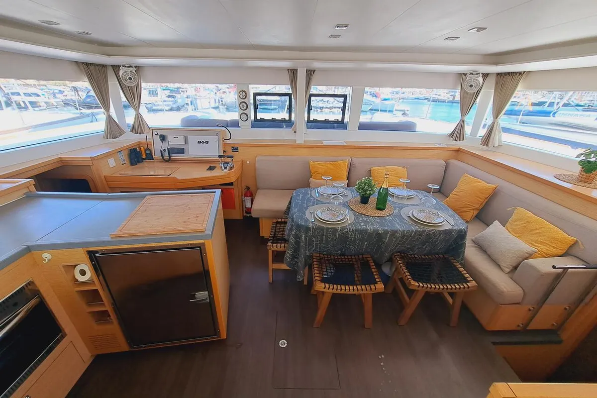 Salon of Lluna, a Lagoon 450 F catamaran at Sant Antoni de Portmany, Spain