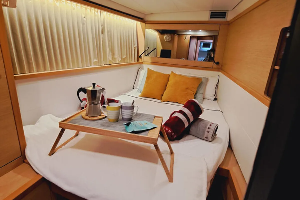 Cabin on Lluna, a Lagoon 450 F catamaran at Sant Antoni de Portmany, Spain