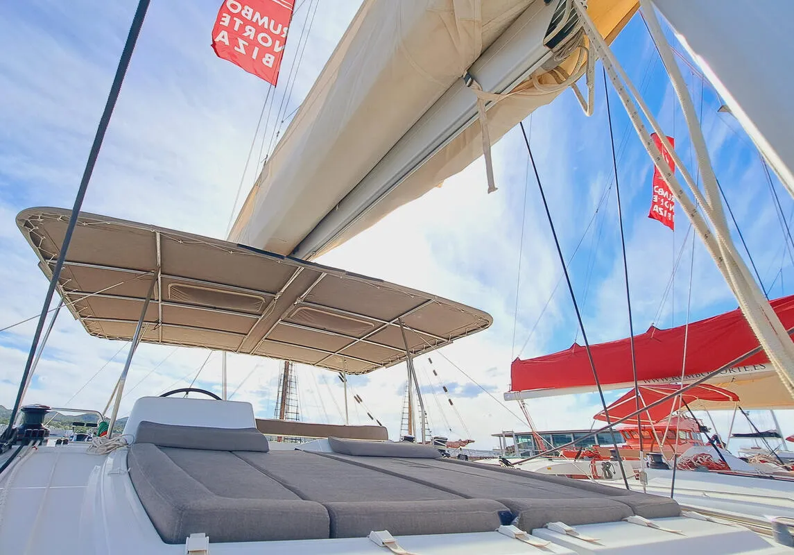 Deck of Lluna, a Lagoon 450 F catamaran at Sant Antoni de Portmany, Spain