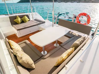 Deck of Lluna, a Lagoon 450 F catamaran at Sant Antoni de Portmany, Spain