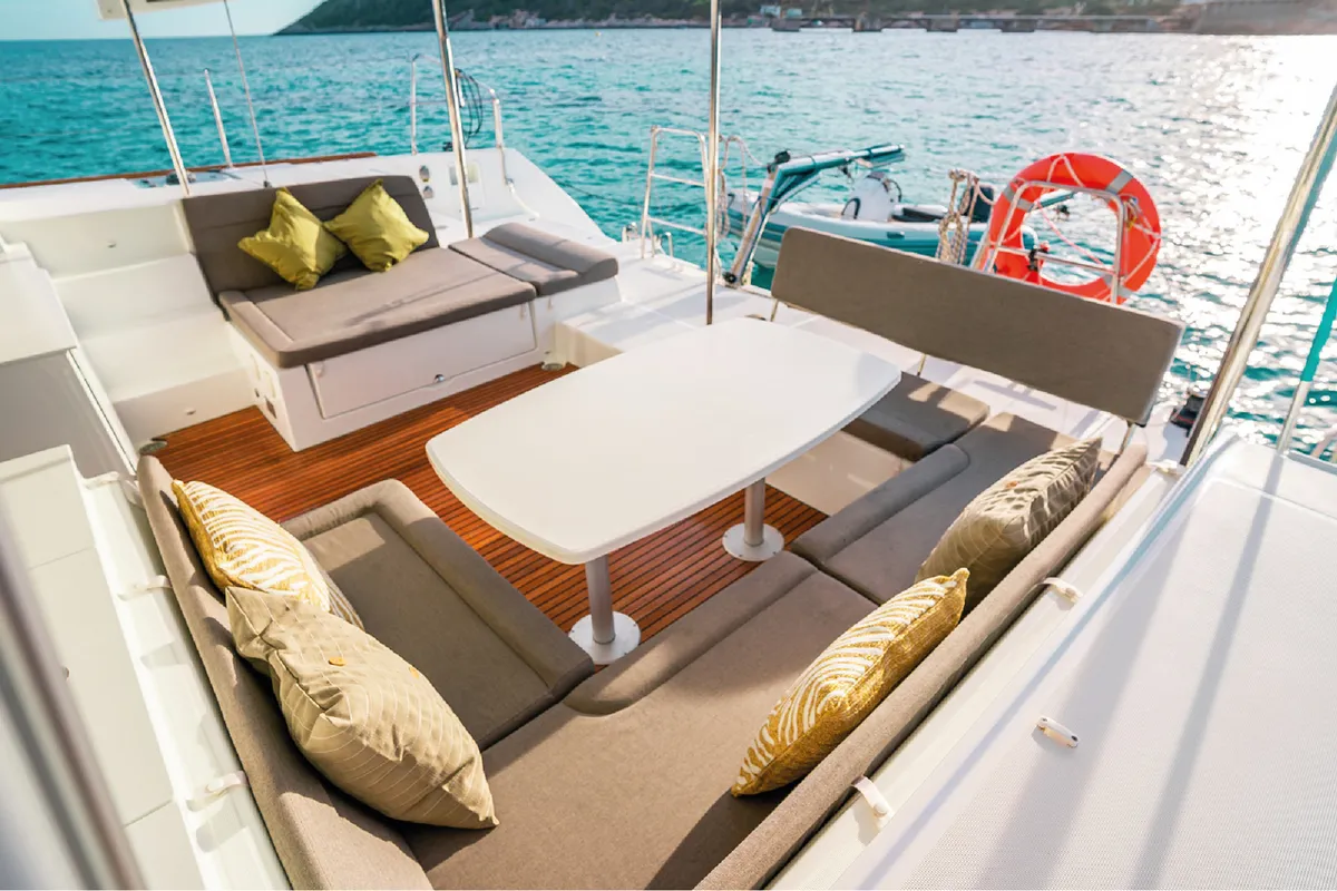 Deck of Lluna, a Lagoon 450 F catamaran at Sant Antoni de Portmany, Spain
