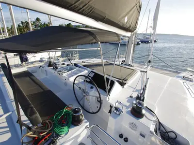Cockpit of Lluna, a Lagoon 450 F catamaran at Sant Antoni de Portmany, Spain