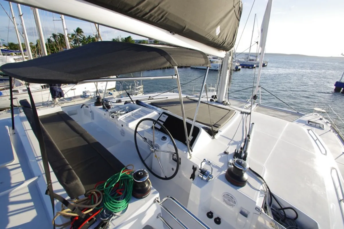 Cockpit of Lluna, a Lagoon 450 F catamaran at Sant Antoni de Portmany, Spain