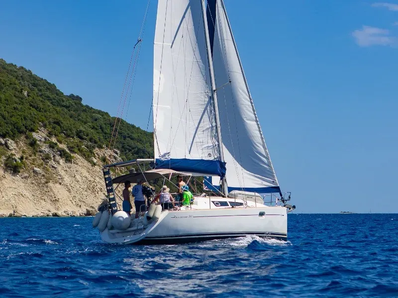 Exterior view of Kos 36, a Jeanneau Sun Odyssey 36 sailboat at Municipal Unit of Lefkada, Greece