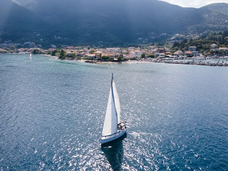 Exterior view of Kos 36, a Jeanneau Sun Odyssey 36 sailboat at Municipal Unit of Lefkada, Greece