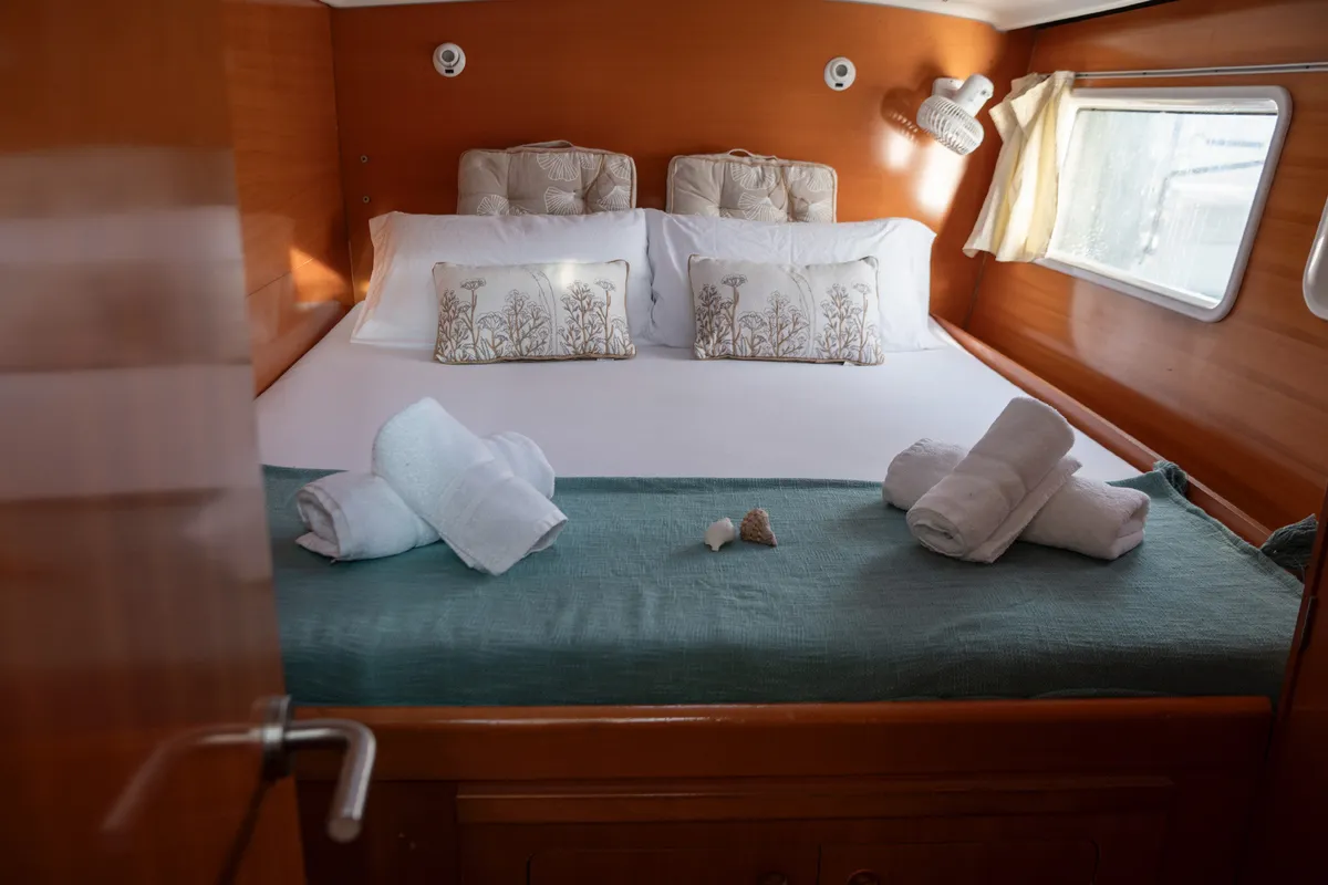 Cabin on Mate, a Lagoon 380 S2 catamaran at Ibiza, Spain