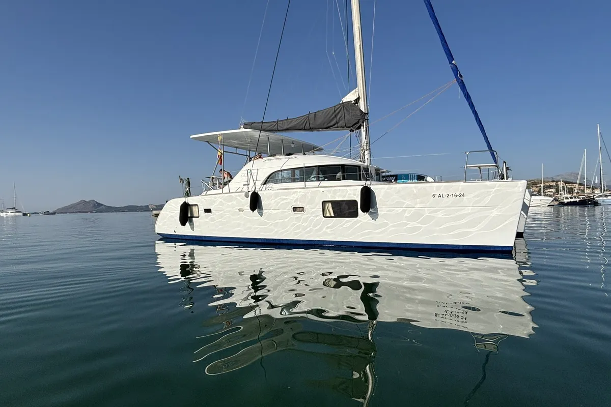 Exterior view of Mate, a Lagoon 380 S2 catamaran at Ibiza, Spain
