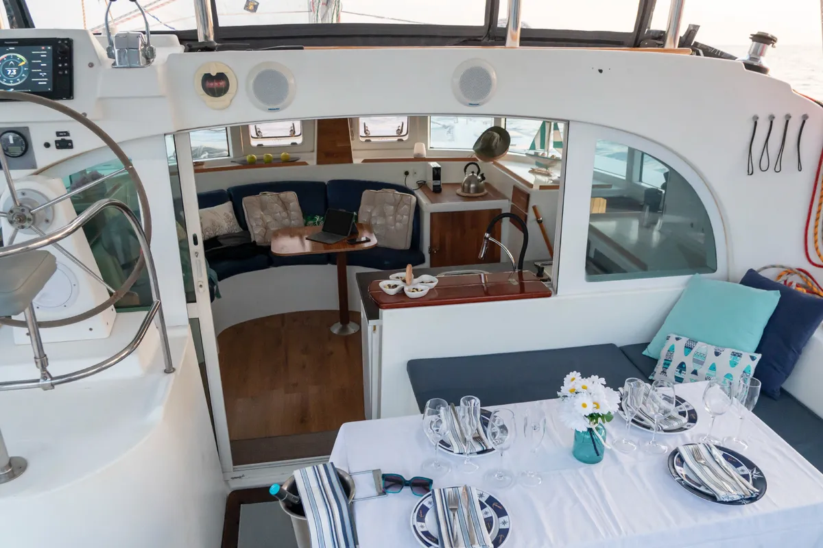 Salon of Mate, a Lagoon 380 S2 catamaran at Ibiza, Spain