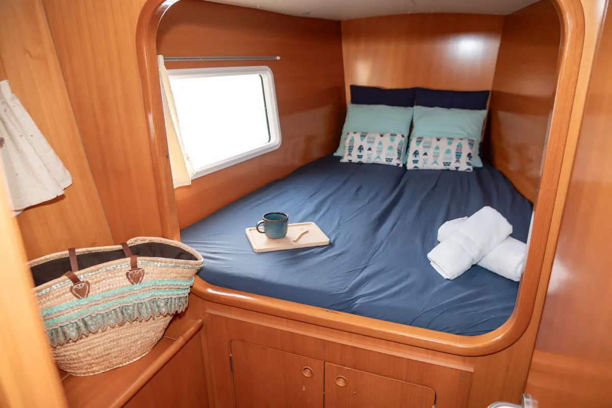 Cabin on Mate, a Lagoon 380 S2 catamaran at Ibiza, Spain