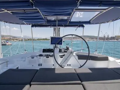 Cockpit of Jolie, a Lagoon 52F catamaran at Sant Antoni de Portmany, Spain
