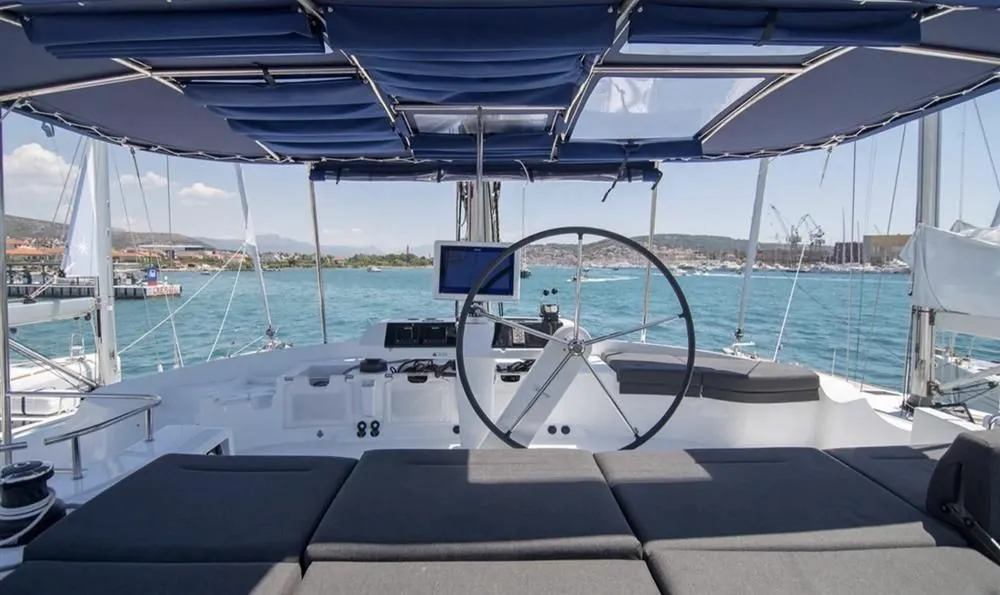 Cockpit of Jolie, a Lagoon 52F catamaran at Sant Antoni de Portmany, Spain