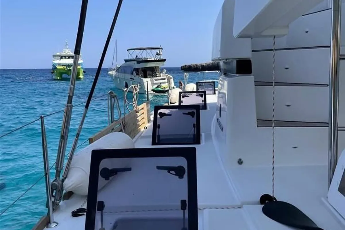 Deck of Jolie, a Lagoon 52F catamaran at Sant Antoni de Portmany, Spain