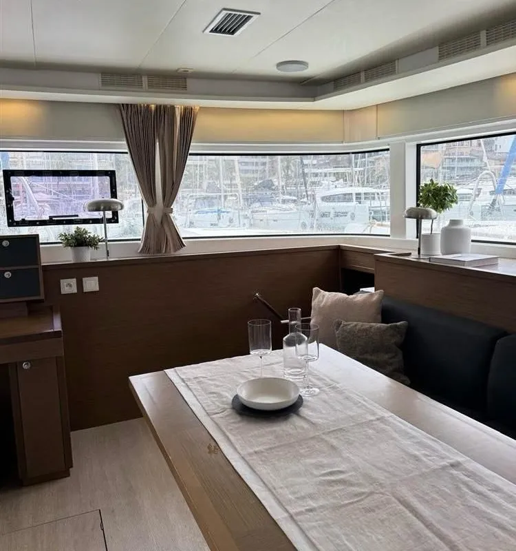 Salon of Jolie, a Lagoon 52F catamaran at Sant Antoni de Portmany, Spain