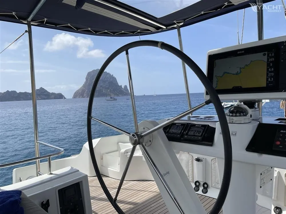 Cockpit of Jolie, a Lagoon 52F catamaran at Sant Antoni de Portmany, Spain