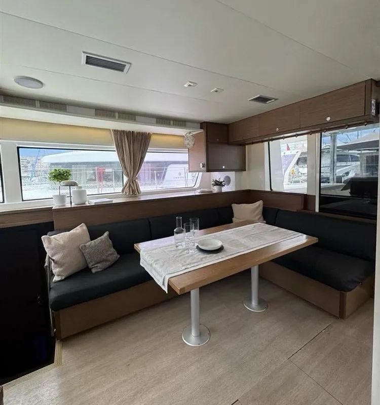 Salon of Jolie, a Lagoon 52F catamaran at Sant Antoni de Portmany, Spain
