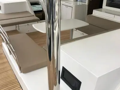 Deck of Jolie, a Lagoon 52F catamaran at Sant Antoni de Portmany, Spain