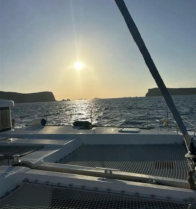 Deck of Jolie, a Lagoon 52F catamaran at Sant Antoni de Portmany, Spain