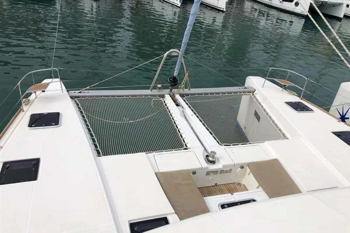 Deck of Jolie, a Lagoon 52F catamaran at Sant Antoni de Portmany, Spain