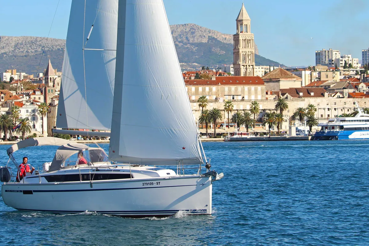 Exterior view of Mrduja, a Bavaria Cruiser 34 sailboat at Split, Croatia