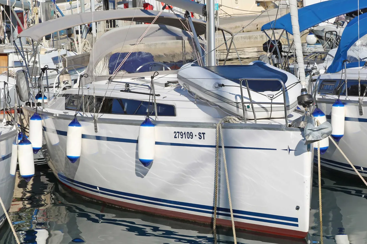 Exterior view of Mrduja, a Bavaria Cruiser 34 sailboat at Split, Croatia