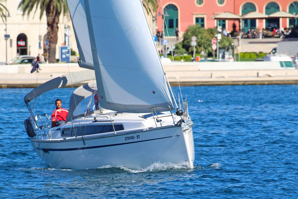 Exterior view of Mrduja, a Bavaria Cruiser 34 sailboat at Split, Croatia