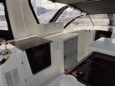 Deck of Granmasti, a Jeanneau Sun Loft 47 sailboat at Agropoli, Italy