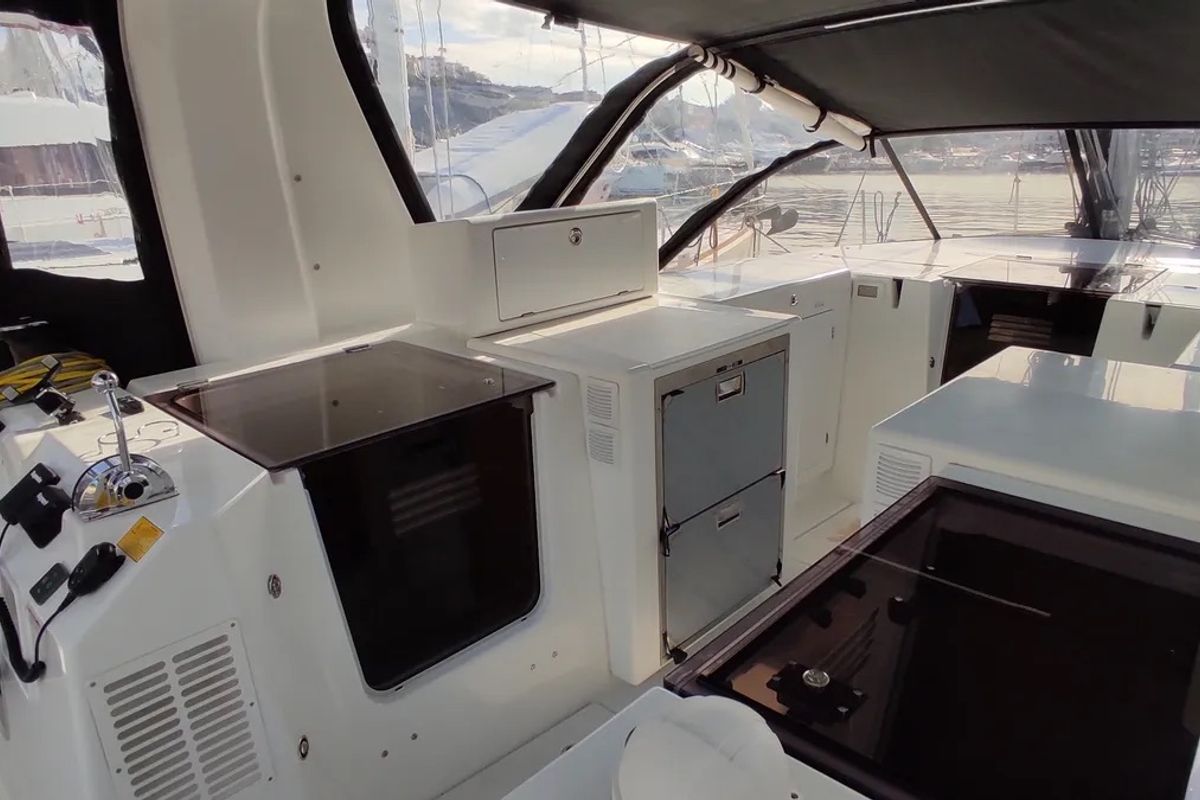 Deck of Granmasti, a Jeanneau Sun Loft 47 sailboat at Agropoli, Italy
