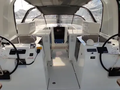 Cockpit of Granmasti, a Jeanneau Sun Loft 47 sailboat at Agropoli, Italy