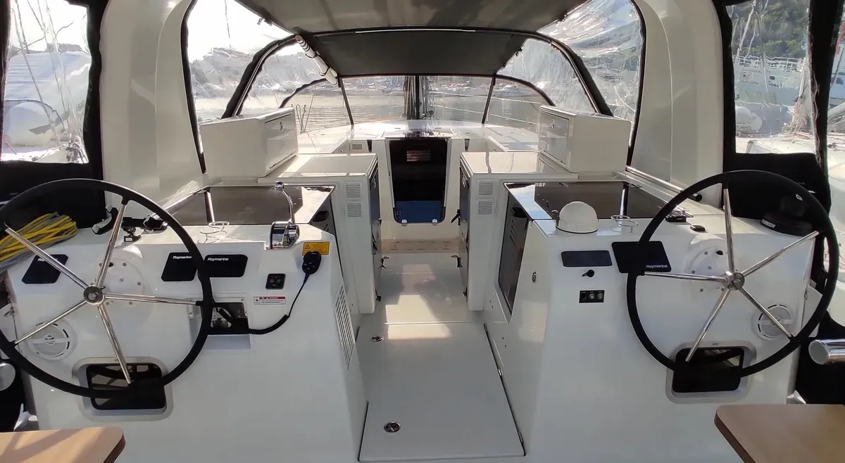 Cockpit of Granmasti, a Jeanneau Sun Loft 47 sailboat at Agropoli, Italy