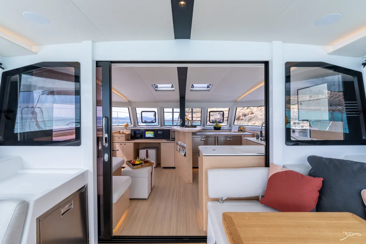 Salon of Stella, a Nautitech 44 Open catamaran at Cogolin, France