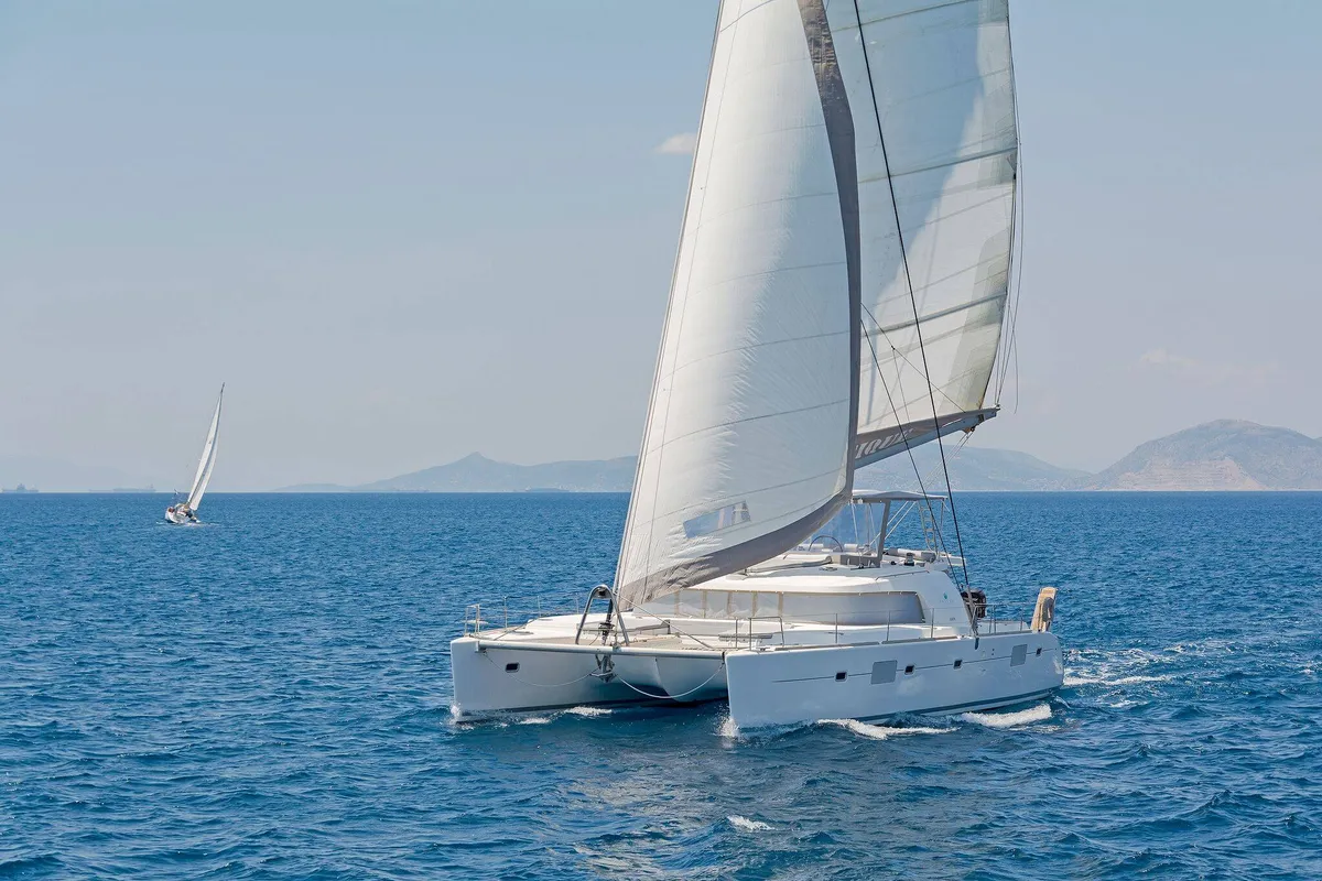 Exterior view of Mystique I, a Lagoon 500 catamaran at Athens, Greece