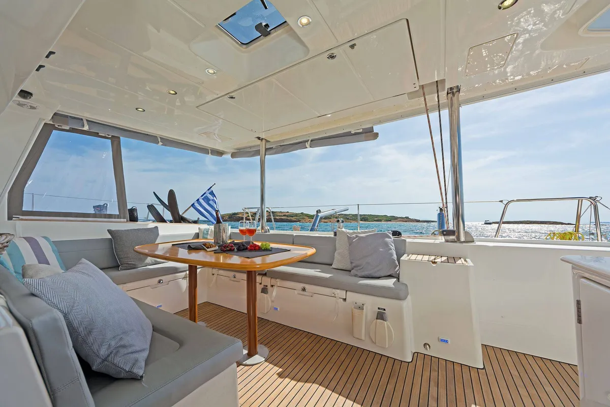Deck of Mystique I, a Lagoon 500 catamaran at Athens, Greece