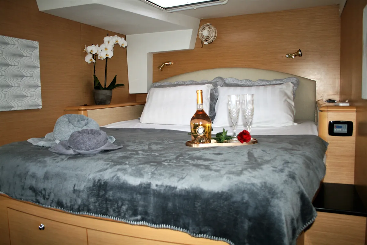 Cabin on Mystique I, a Lagoon 500 catamaran at Athens, Greece