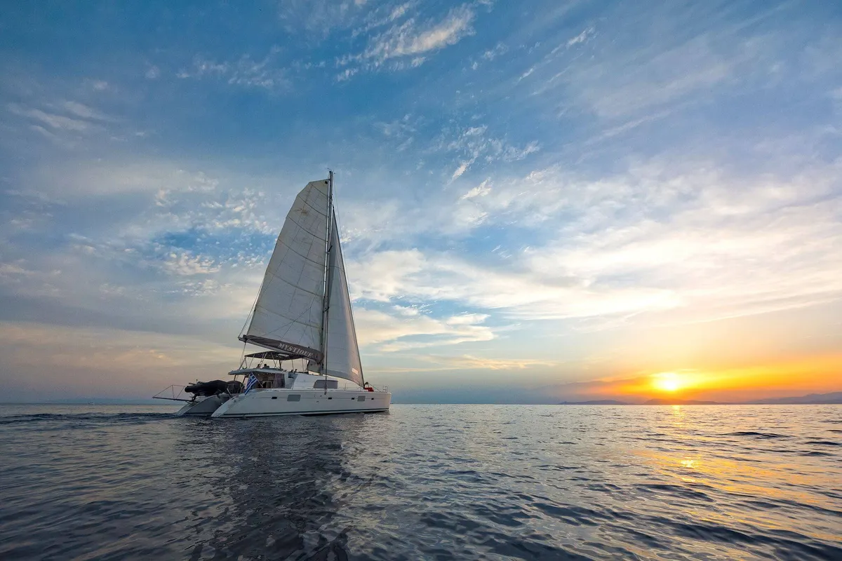 Exterior view of Mystique I, a Lagoon 500 catamaran at Athens, Greece