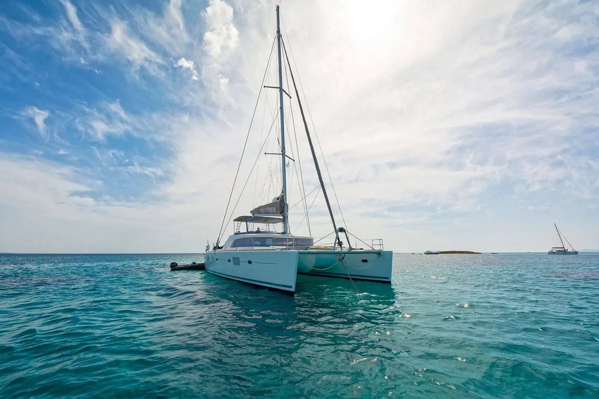 Exterior view of Mystique I, a Lagoon 500 catamaran at Athens, Greece