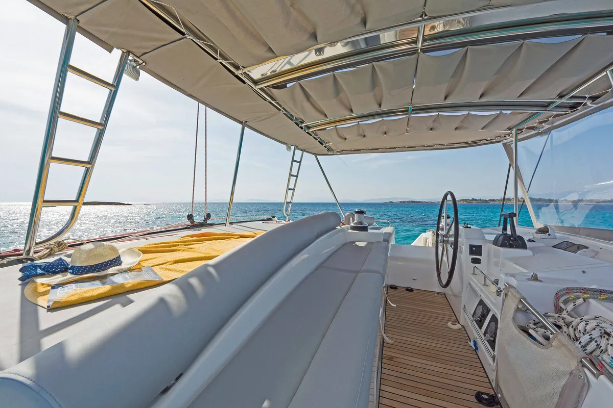 Deck of Mystique I, a Lagoon 500 catamaran at Athens, Greece