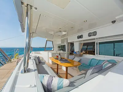 Deck of Mystique I, a Lagoon 500 catamaran at Athens, Greece