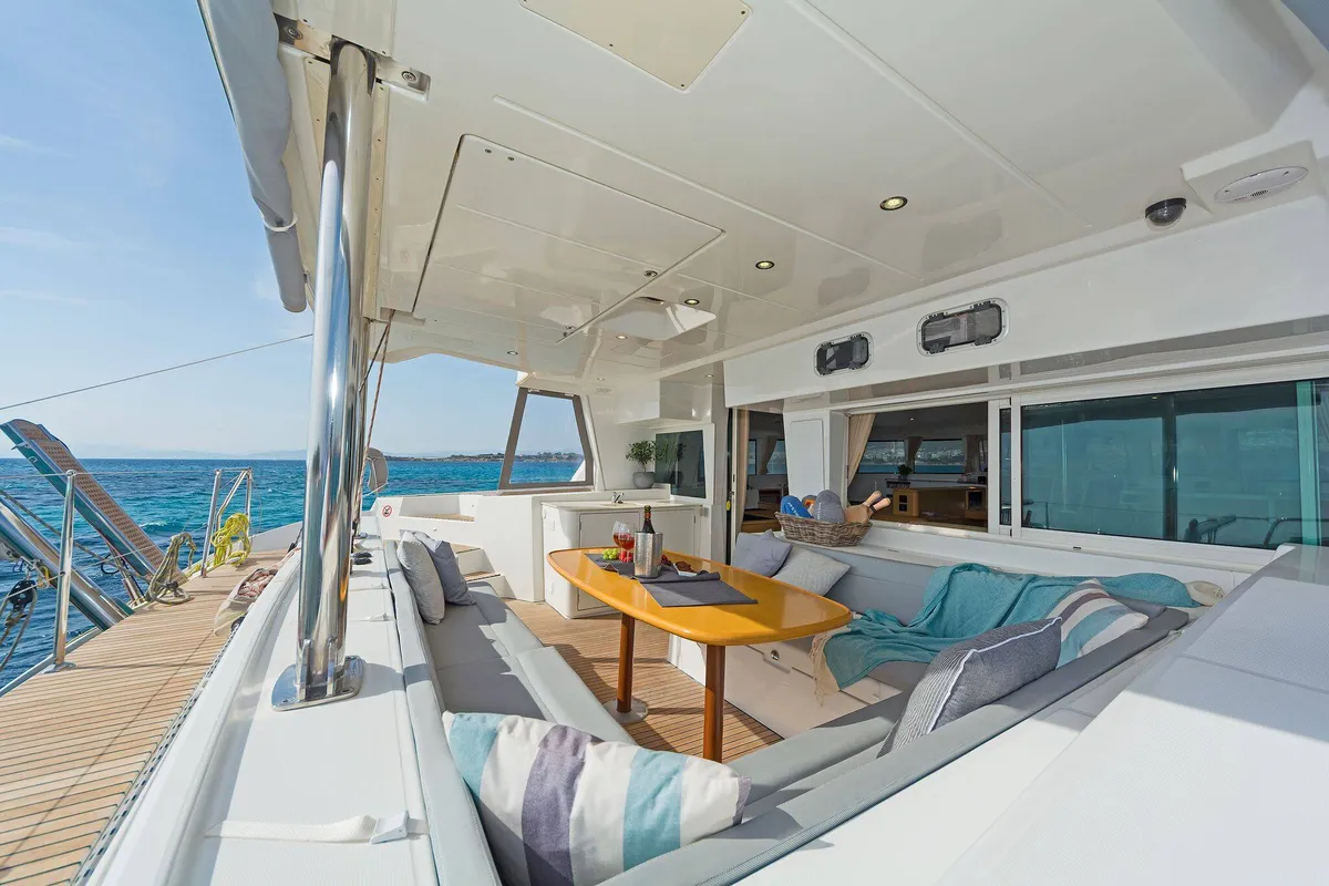 Deck of Mystique I, a Lagoon 500 catamaran at Athens, Greece