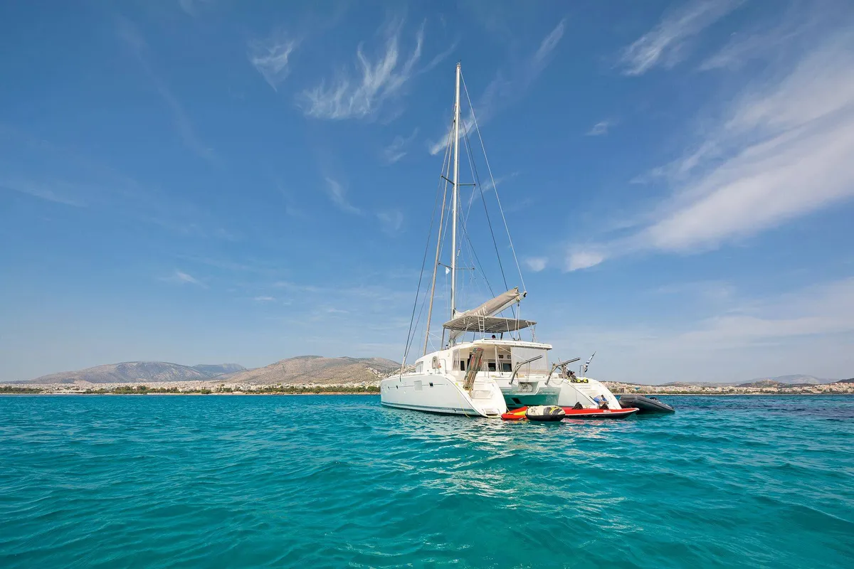 Exterior view of Mystique I, a Lagoon 500 catamaran at Athens, Greece