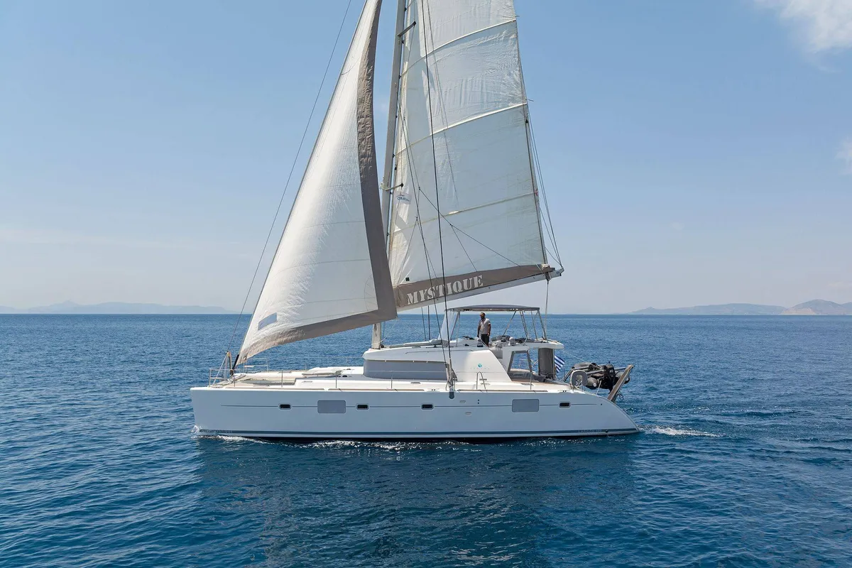 Exterior view of Mystique I, a Lagoon 500 catamaran at Athens, Greece