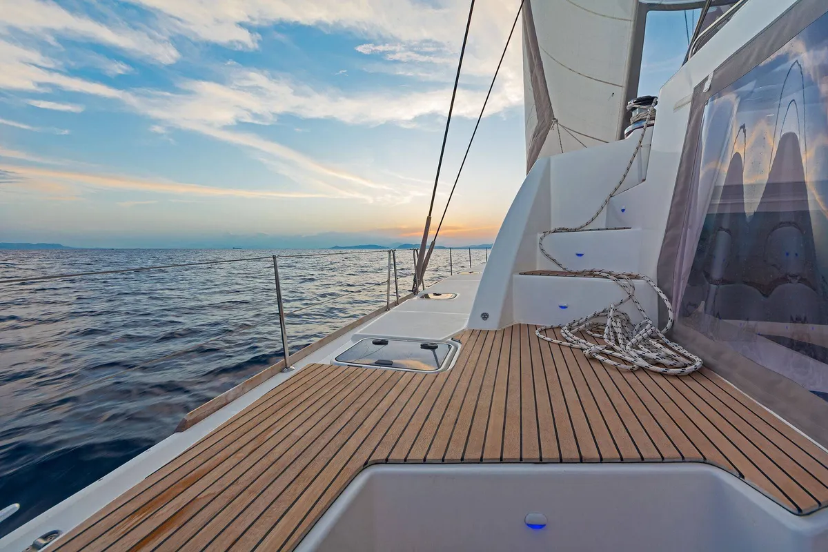 Deck of Mystique I, a Lagoon 500 catamaran at Athens, Greece