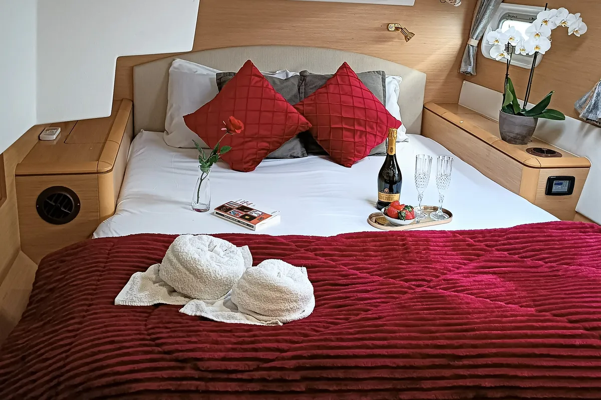 Cabin on Mystique I, a Lagoon 500 catamaran at Athens, Greece