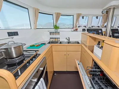 Galley of Mystique I, a Lagoon 500 catamaran at Athens, Greece