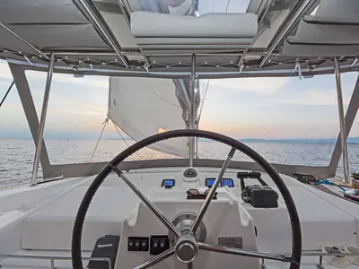 Cockpit of Mystique I, a Lagoon 500 catamaran at Athens, Greece