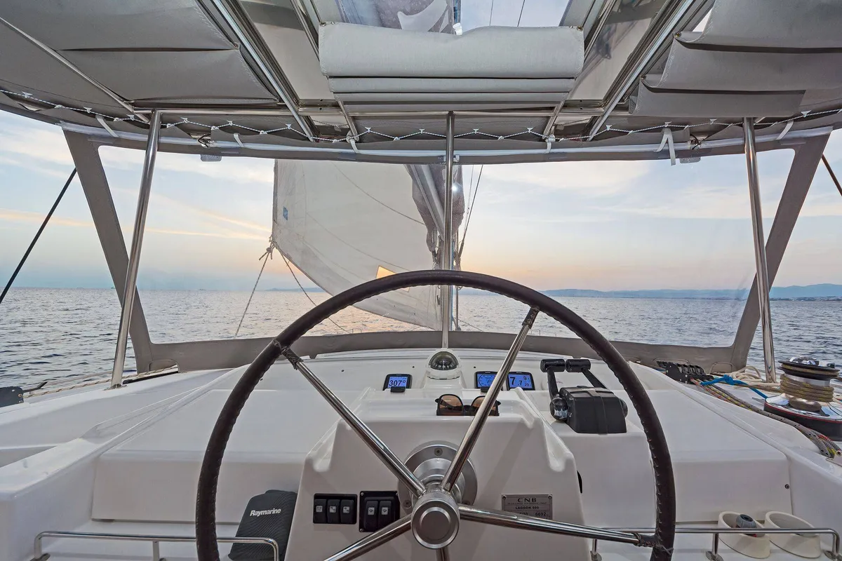 Cockpit of Mystique I, a Lagoon 500 catamaran at Athens, Greece