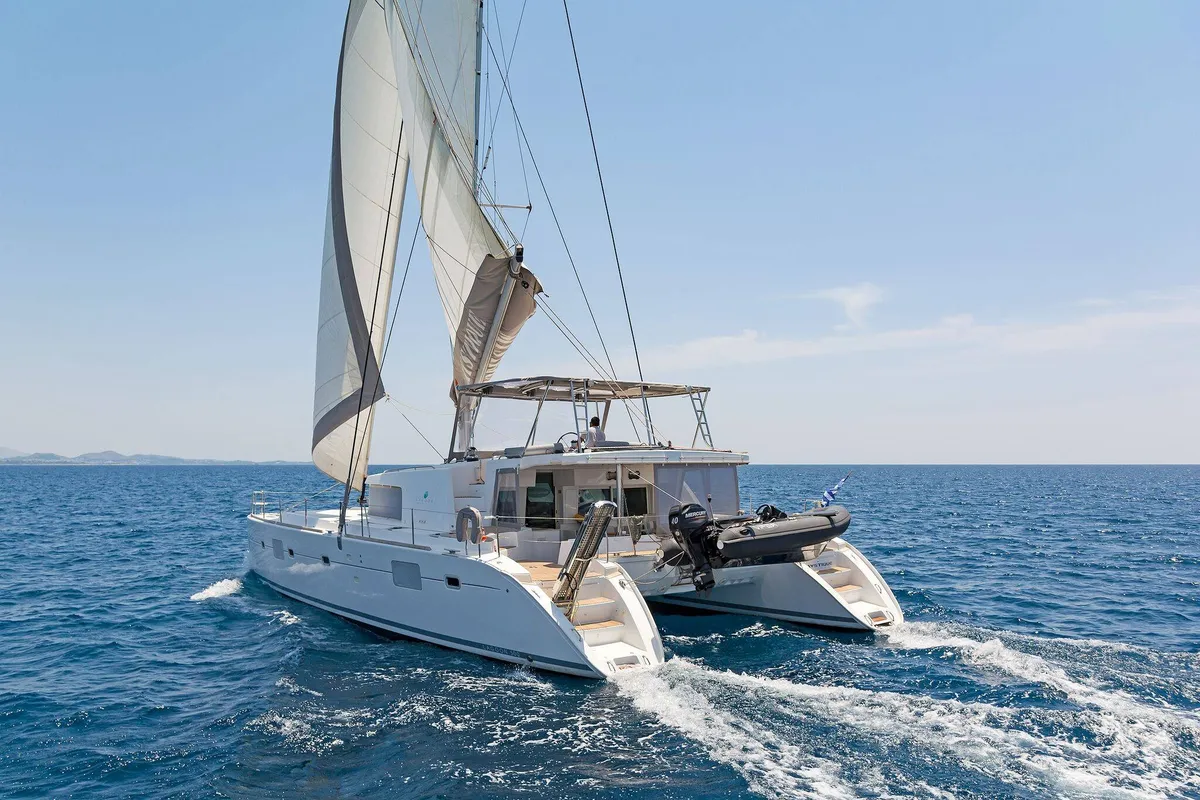 Exterior view of Mystique I, a Lagoon 500 catamaran at Athens, Greece
