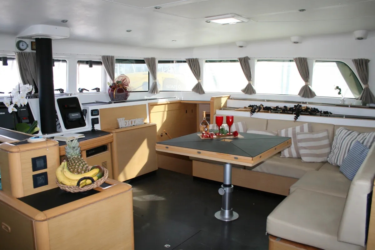 Salon of Mystique I, a Lagoon 500 catamaran at Athens, Greece